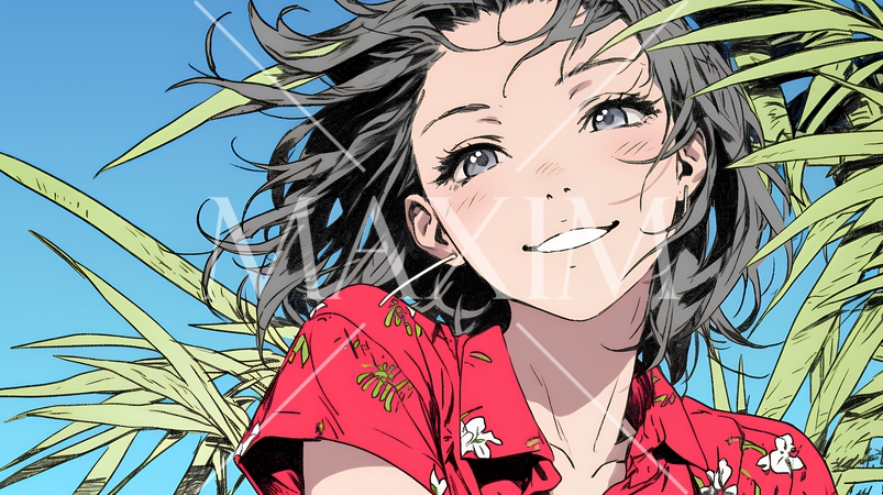 沖縄のかりゆしファッションを着て笑顔いっぱいの若い女性