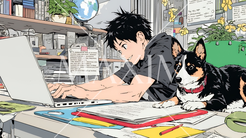 自宅でのリモートワークの場面：ペットのイヌと奮闘中