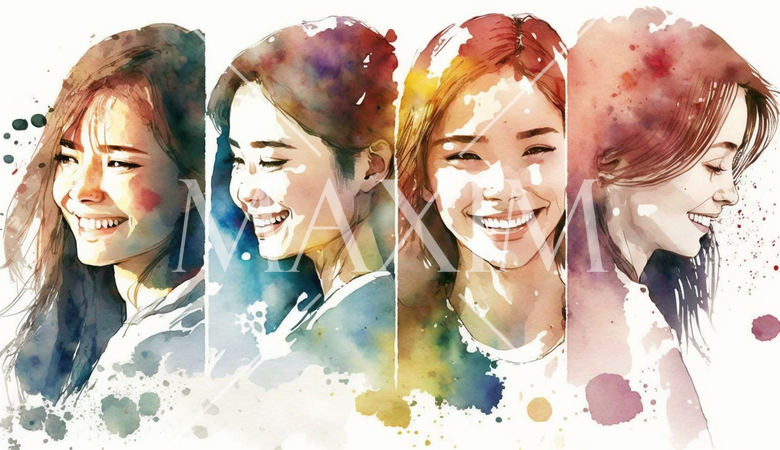 笑顔の若い女性たち：水彩画