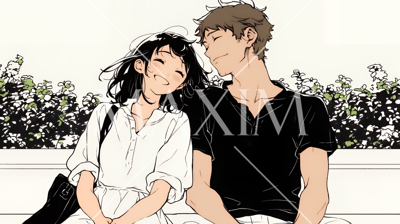 幸せそうなカップル：腰掛けて談笑（シンプルな色使い）