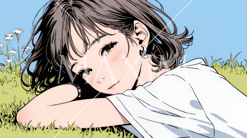 心地よさそうに地面に身を横たえる若い女性