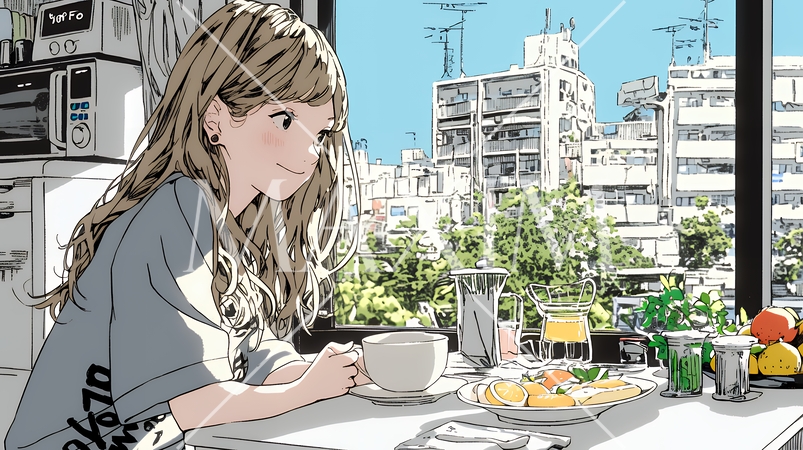 ゆったりした気分で朝食を一人で食べている若い女性