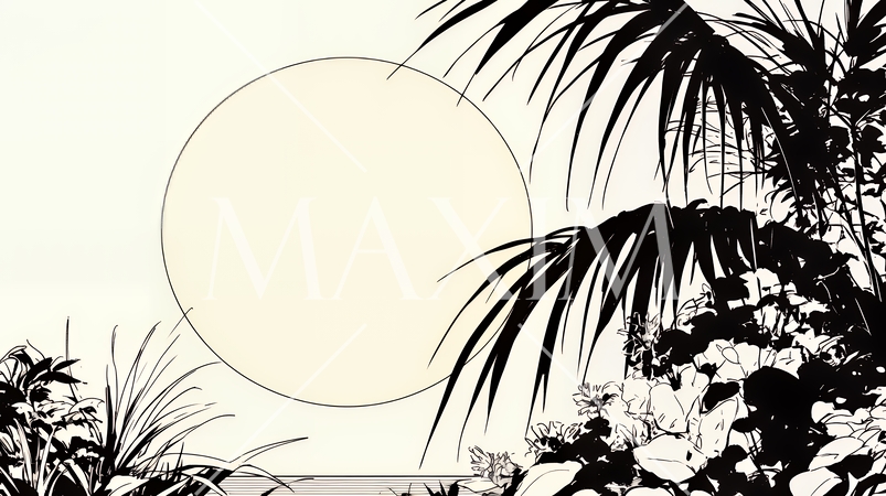 南の国の日没と熱帯植物のシルエット