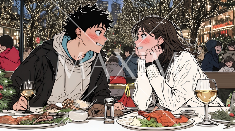 クリスマスディナーを楽しんでいる若いカップル