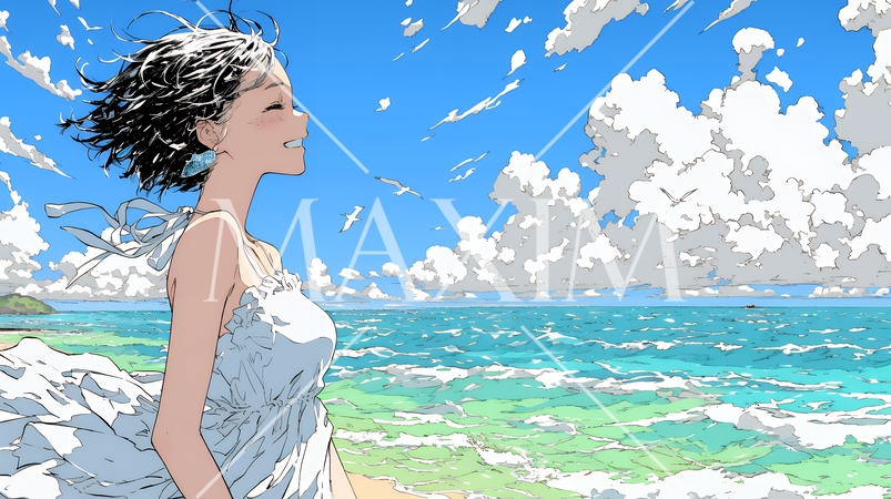 潮風の心地よさを満喫している若い女性