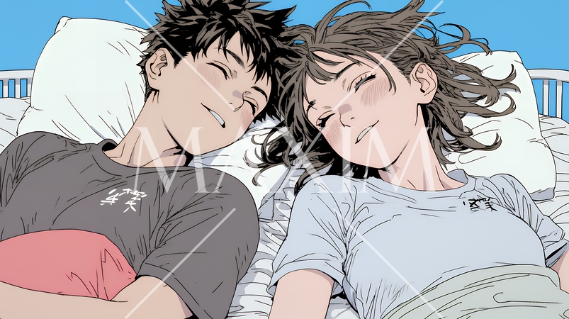 寄り添いながら穏やかに眠る若いカップル