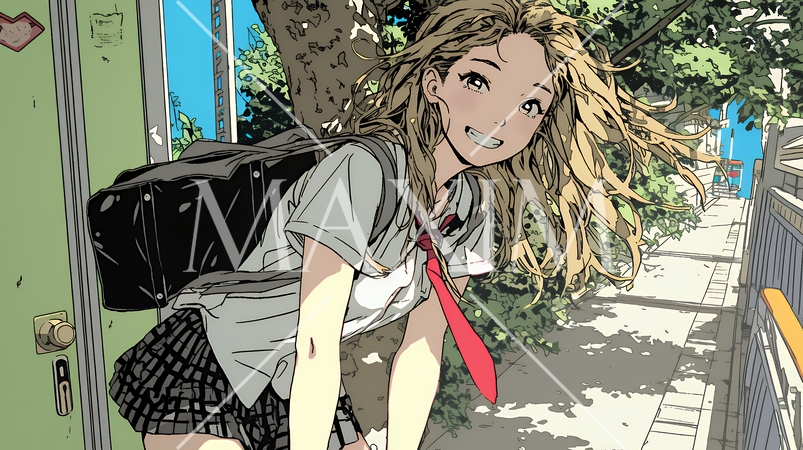 学校に遅れそうで道を急いでいる女子高生