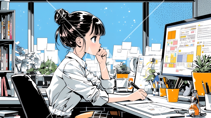 PCで資料作りをしている若い女性