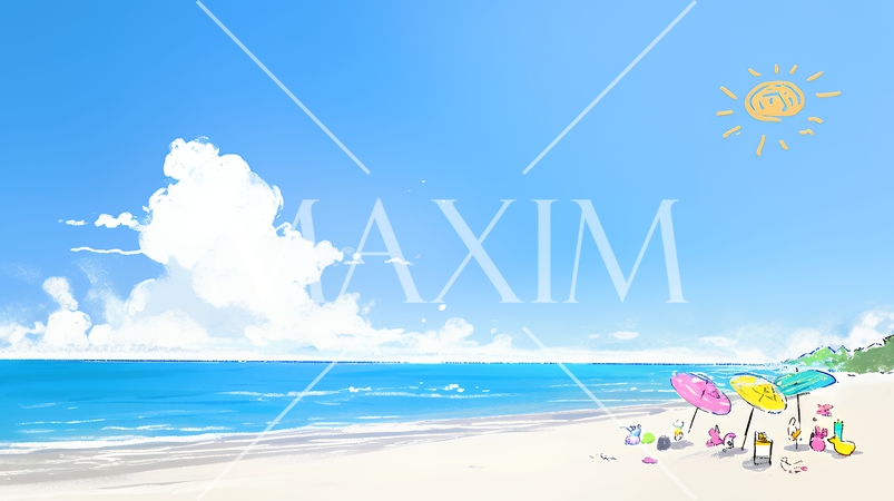 夏の青い空、青い海、白い雲と砂浜のコントラスト（クレヨン＋水彩画風）