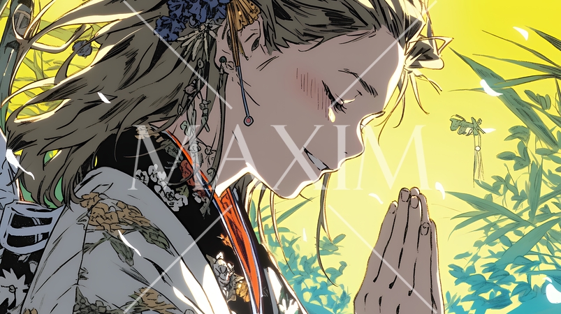 手を合わせてお祈りをしている和服姿の若い女性