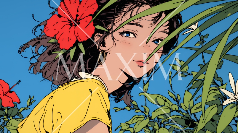 ハイビスカスと若い女性