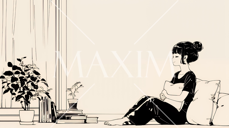 ソファでクッションを抱えてくつろぐ若い女性（シンプルな色使い）