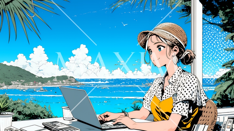 ワーケーション：休暇を楽しみながら仕事をしている女性