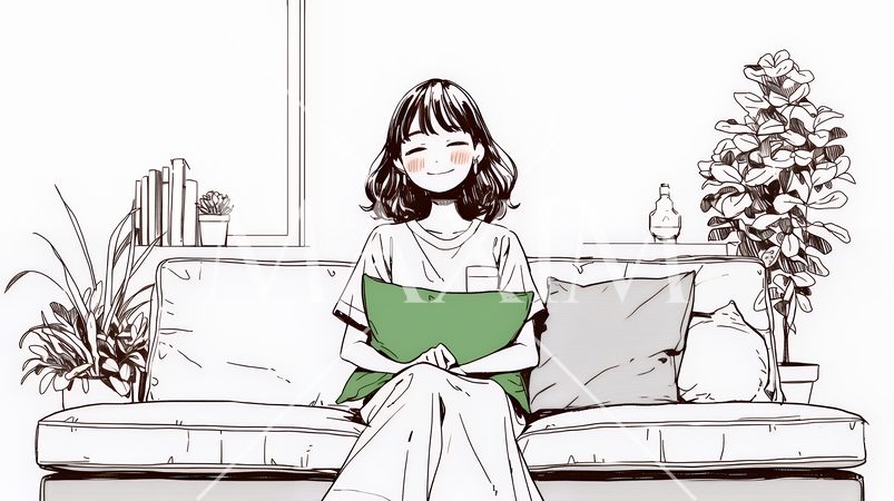ソファでクッションを抱えてくつろぐ若い女性（シンプルな色使い）
