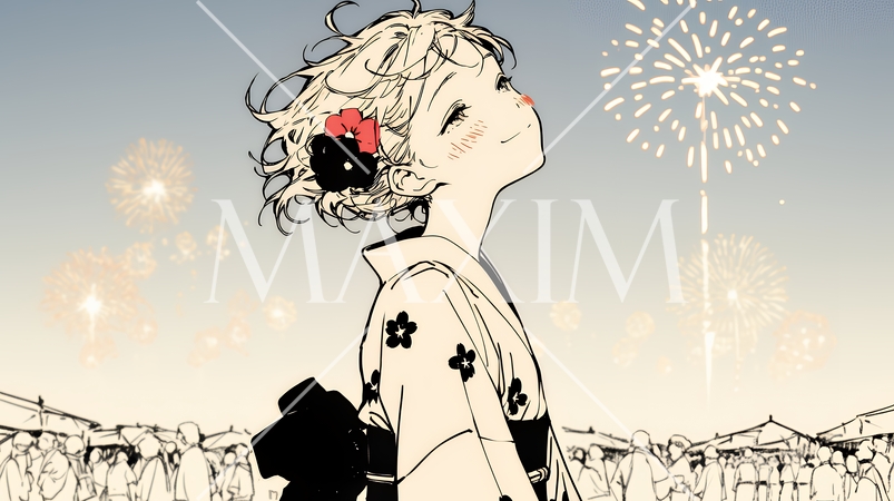 打ち上げ花火を見ている浴衣を着た若い女性（シンプルな色使い）