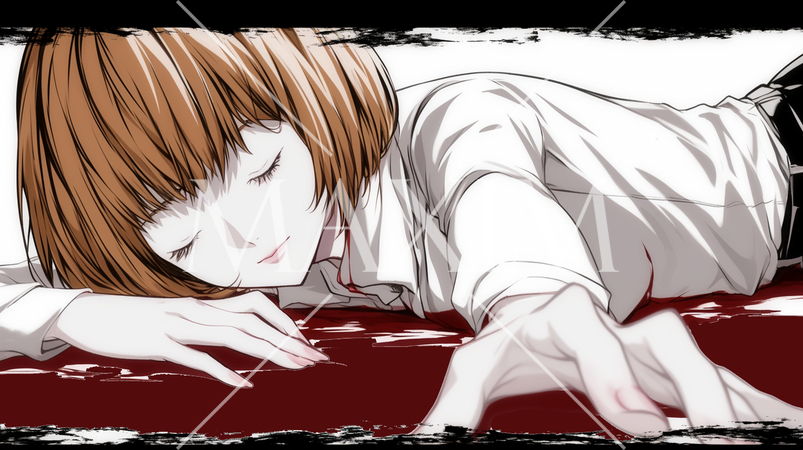 殺人現場：若い女性が刺殺され当たりに血が飛び散っている