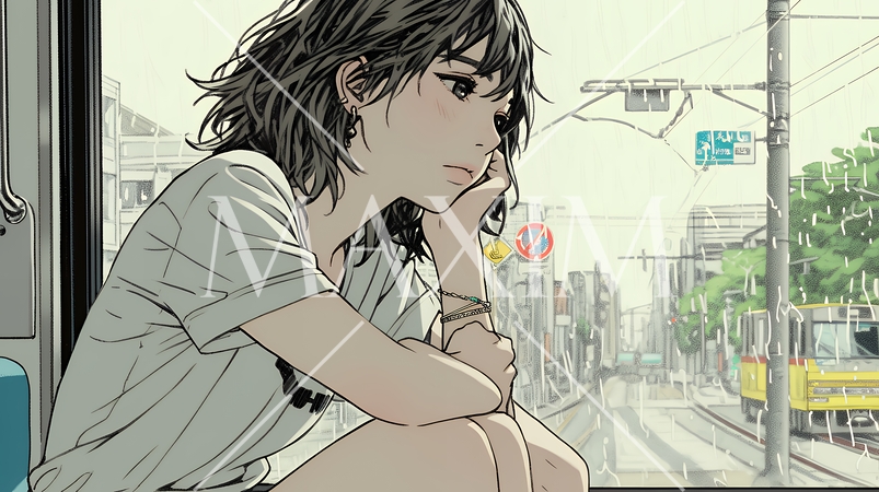 思案・反省・諦め? 窓から流れ落ちる雨粒を見つめる若い女性