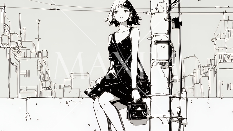 若い女性が佇む都市の街角（シンプルな色使い）