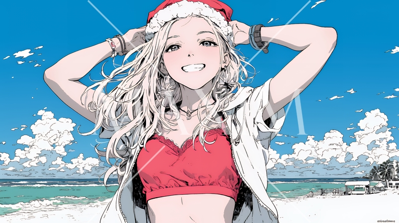 真夏（南半球）のビーチで活動中の女性のサンタクロース