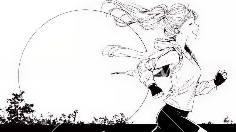 夕日を背景にジョギングをする若い女性（シンプルな色使い）