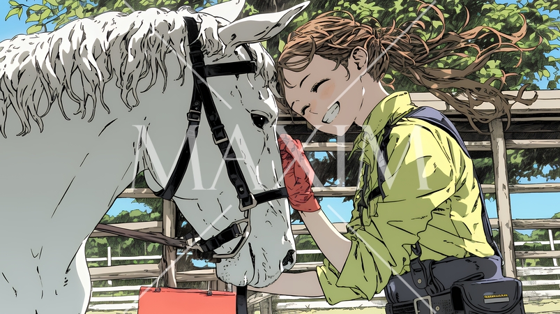 馬の世話をしている若い女性