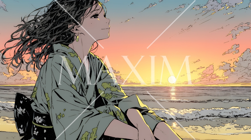 のんびり・ゆったり：夏のビーチで夕日を眺める若い女性