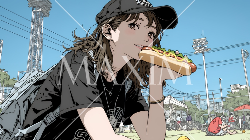 野球などの屋外スポーツを観戦しながら、ホットドッグを頬張る若い女性。