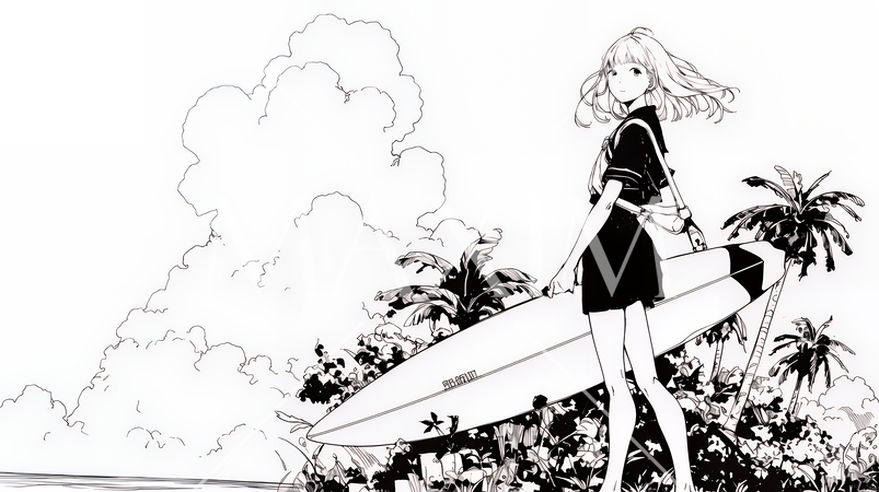 若い女性サーファーと夏のビーチの風景（シンプルな色使い）