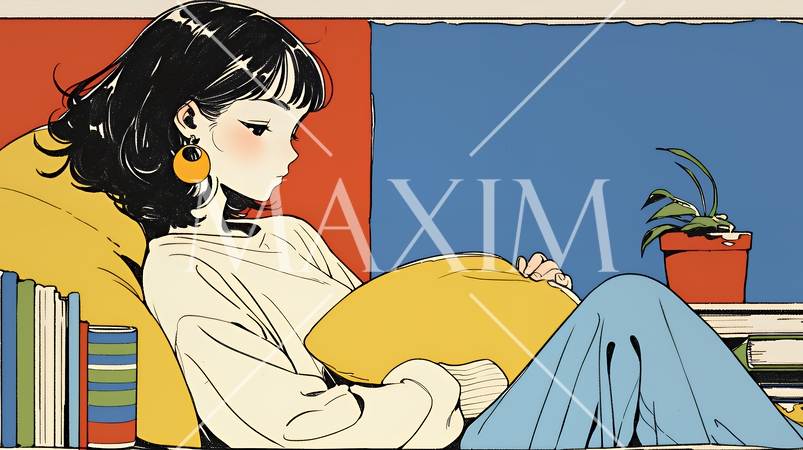 ソファでクッションを抱えてくつろぐ若い女性