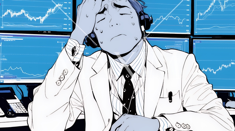 金融市場の急激な変動で頭を抱えている男性（シンプルな色使い）