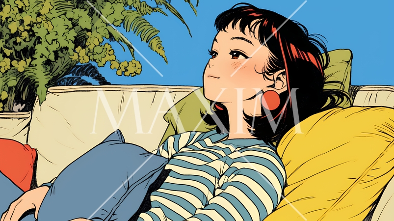 ソファでクッションを抱えてくつろぐ若い女性