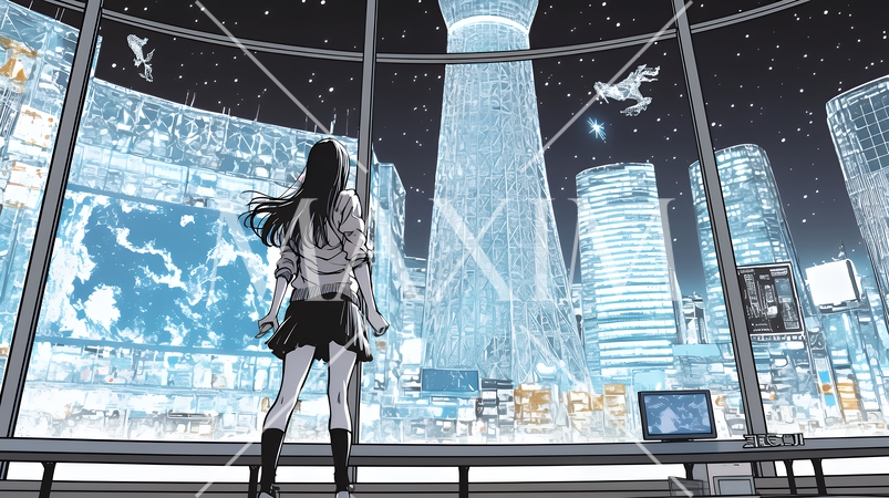 高層ビル群を見下ろすキャリア女性