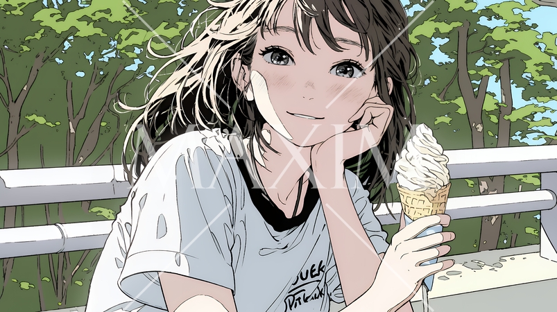 夏空の下でソフトクリーム（コーンに乗ったアイスクリーム）をたべる若い女性