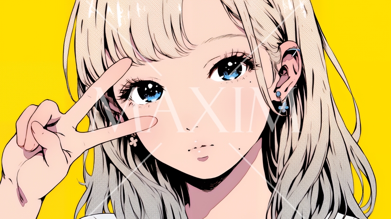 ピースサインをしている若い女性