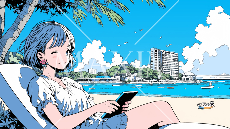 沖縄の海辺でスマートフォン・タブレットを操作している若い女性