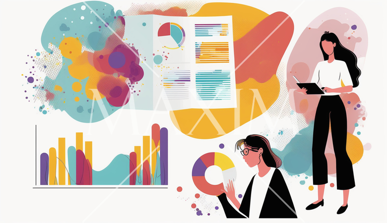 資料作成している女性：レポート、プレゼンテーション資料の作成。