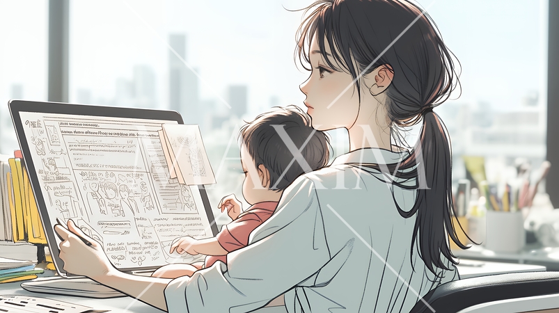 赤ん坊を抱きながらデスクワークをしている女性