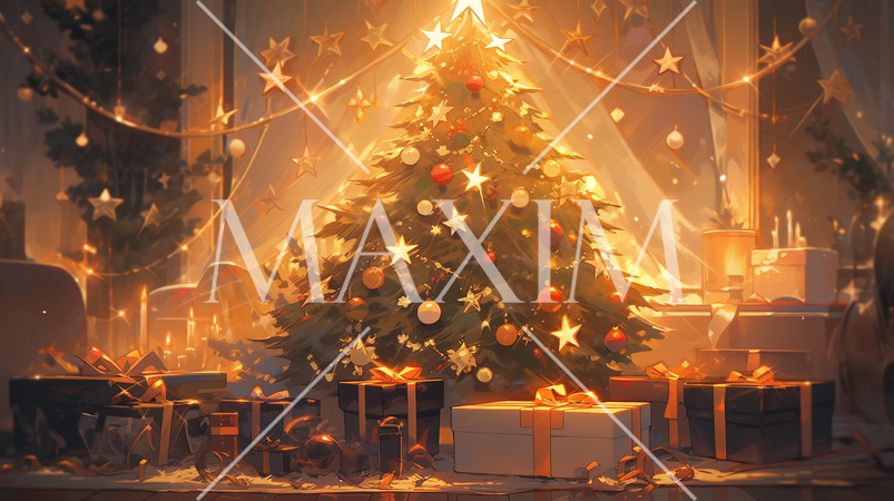 クリスマスツリーの前に並べられているクリスマスプレゼント