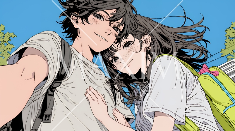 スマホで自撮りしている若いカップル