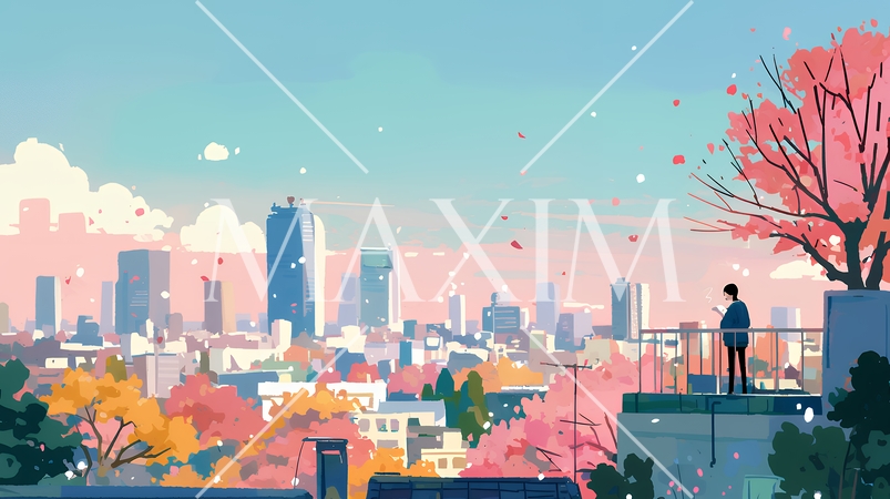 都市の町並みと青空（ポップでキュートな色使い）