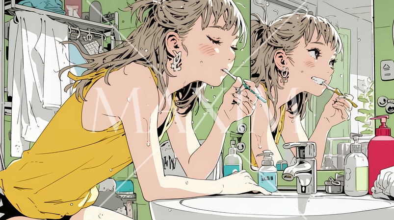 洗面所で朝の歯磨きをする若い女性