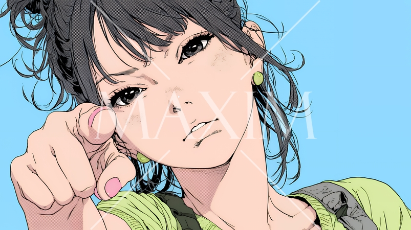 フィンガーガン（指でっぽう）を構えている若い女性