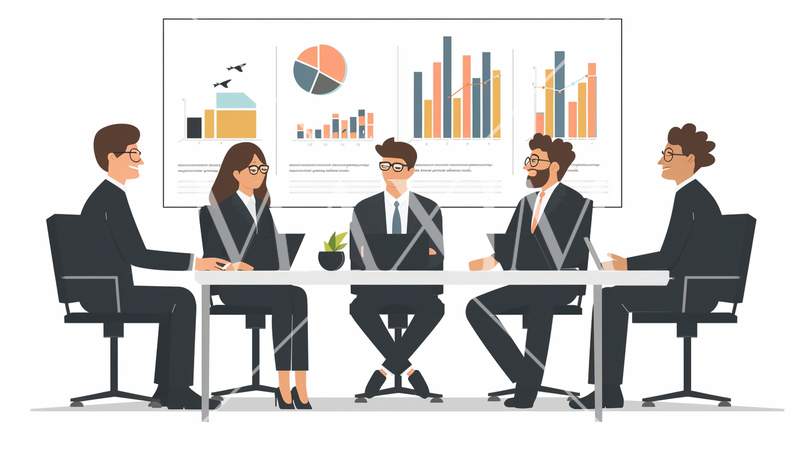 ビジネス戦略会議：競合分析、市場戦略の議論。