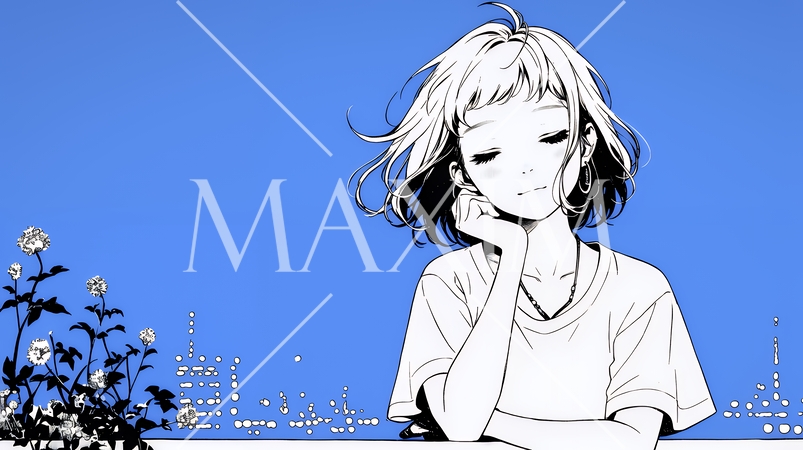 ベランダで夜風に当たりながら都会のランドスケープを眺め休む若い女性（シンプルな色使い）