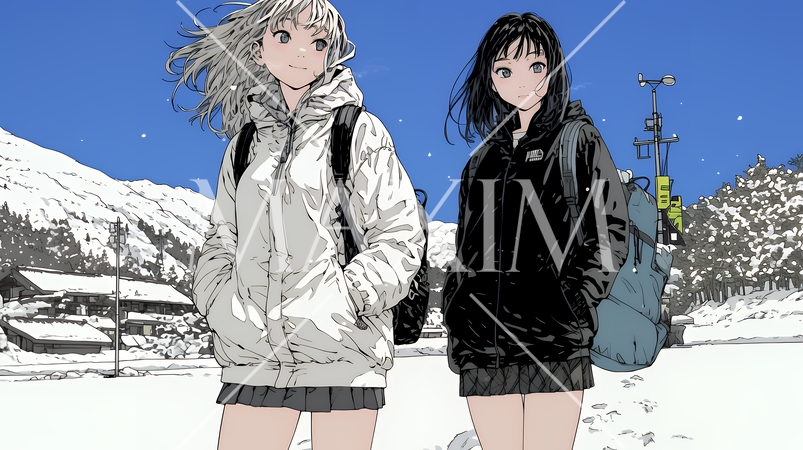 雪の日に友達と通学する女子高生