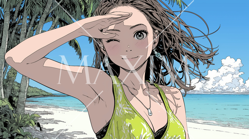 南国の海岸にビキニ姿でいる若い女性