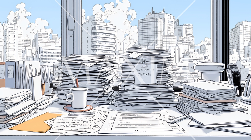 机の上に書類が山のように積まれている：書類整理ができていない状態