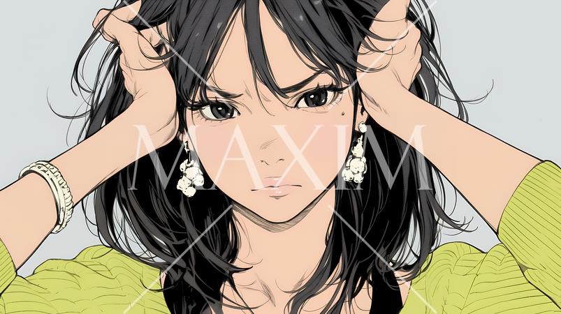 イライラした表情で口をとがらせて舌打ちをしている若い女性