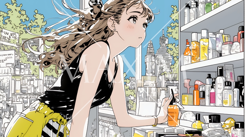 ドラッグストアでコスメを選ぶ若い女性