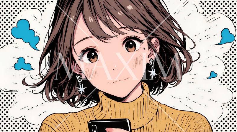 楽しそうにスマホ画面を眺めている若い女性